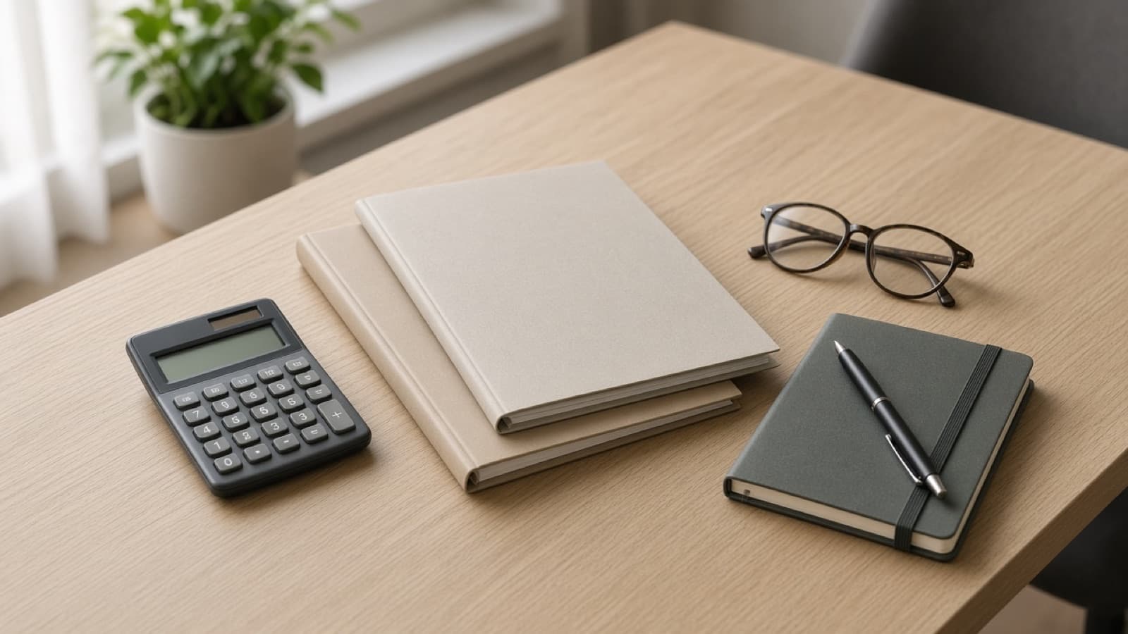 Heller Schreibtisch mit Ordnern, Taschenrechner und Brille