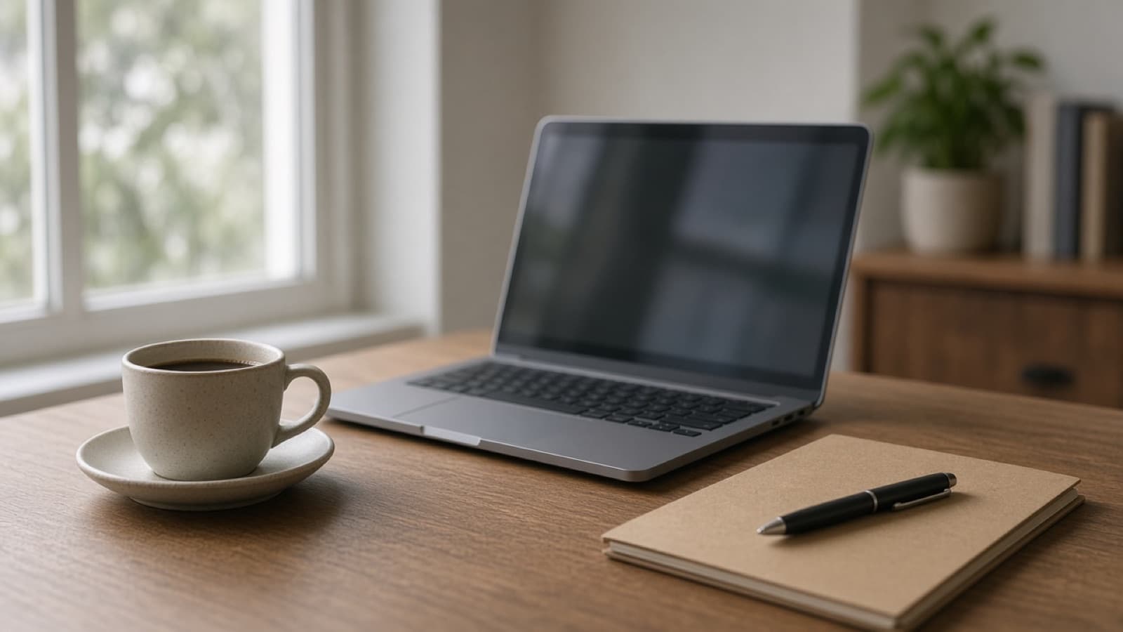 Schreibtisch am Fenster mit Laptop, geschlossener Mappe und Kaffeetasse