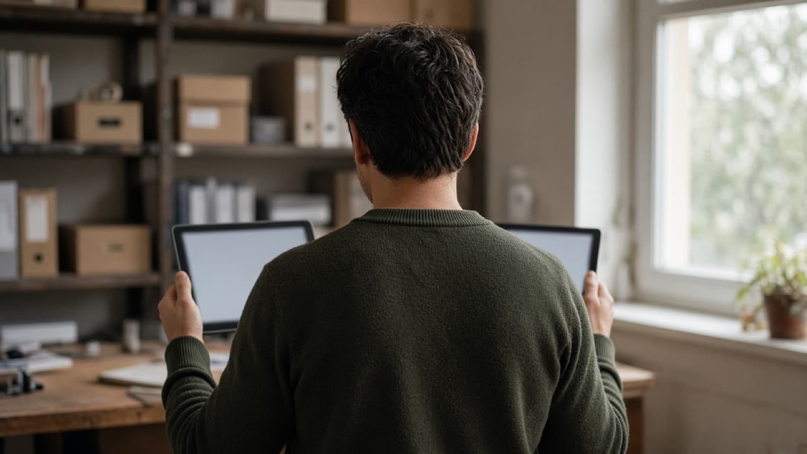 Werkstattbüro, eine Person schaut auf ein Tablet