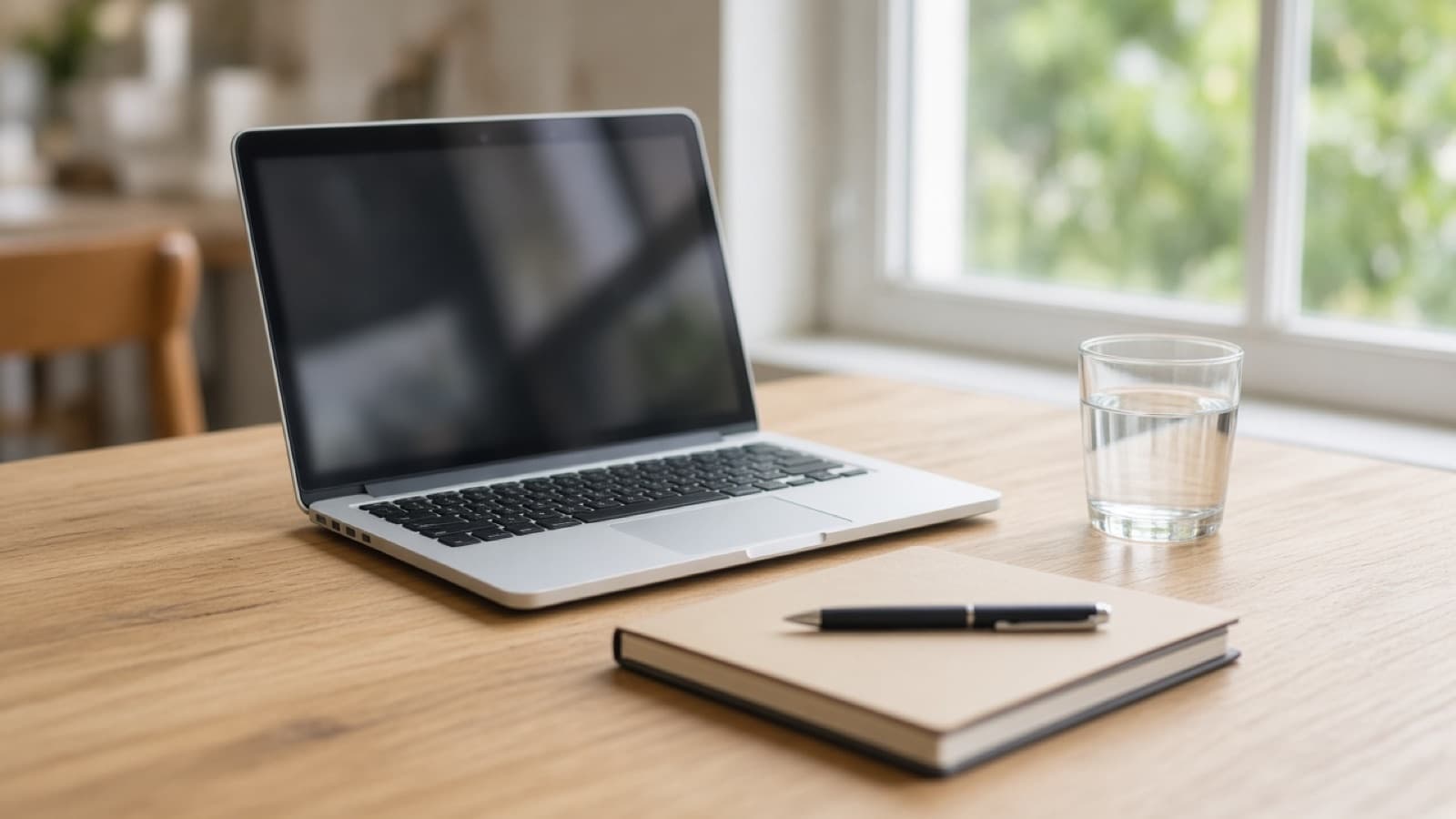 Laptop und Notizbuch an einem hellen Cafétisch