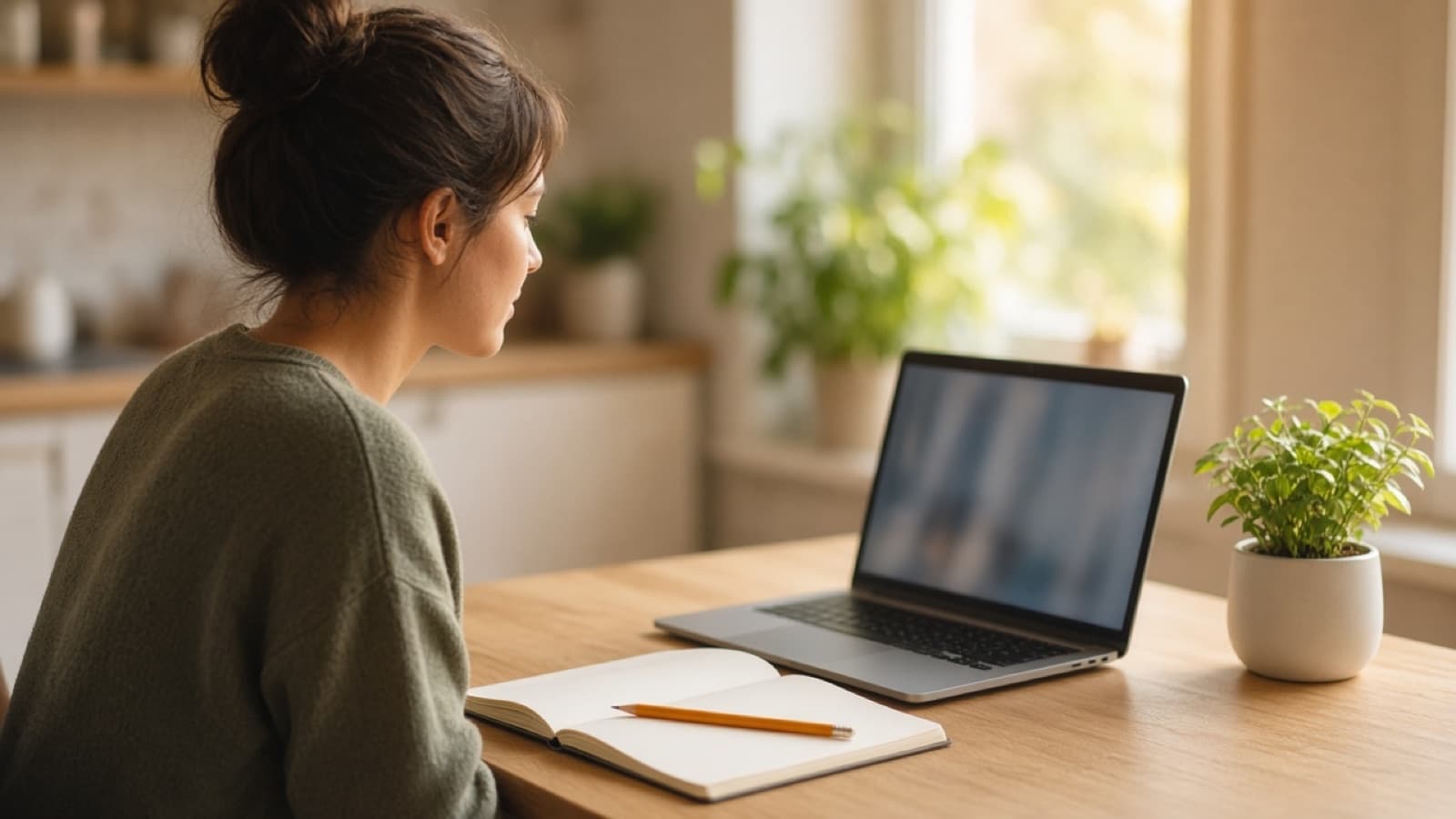 Person am Tisch mit Laptop und Notizbuch im Tageslicht