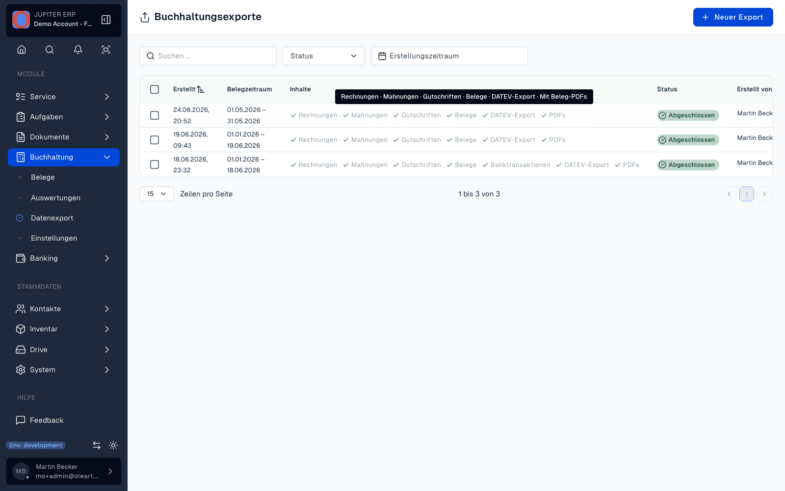 Buchhaltungs-Export im Jupiter Panel