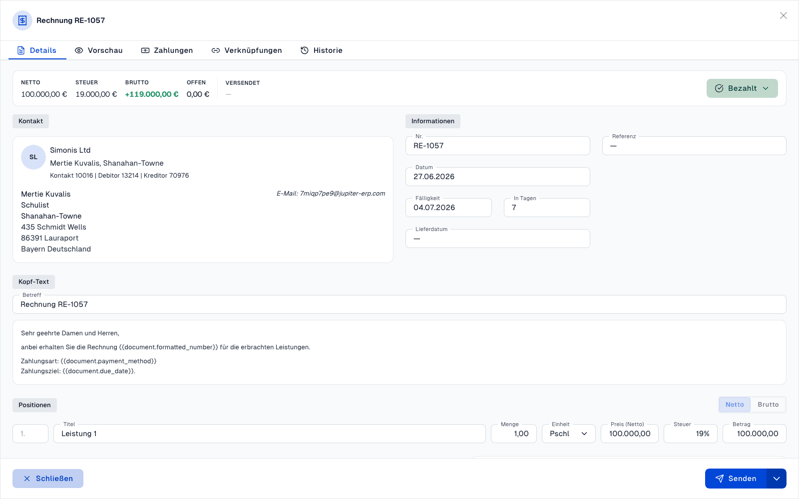 Rechnung bearbeiten im Jupiter Panel — Positionen und Belegdetails