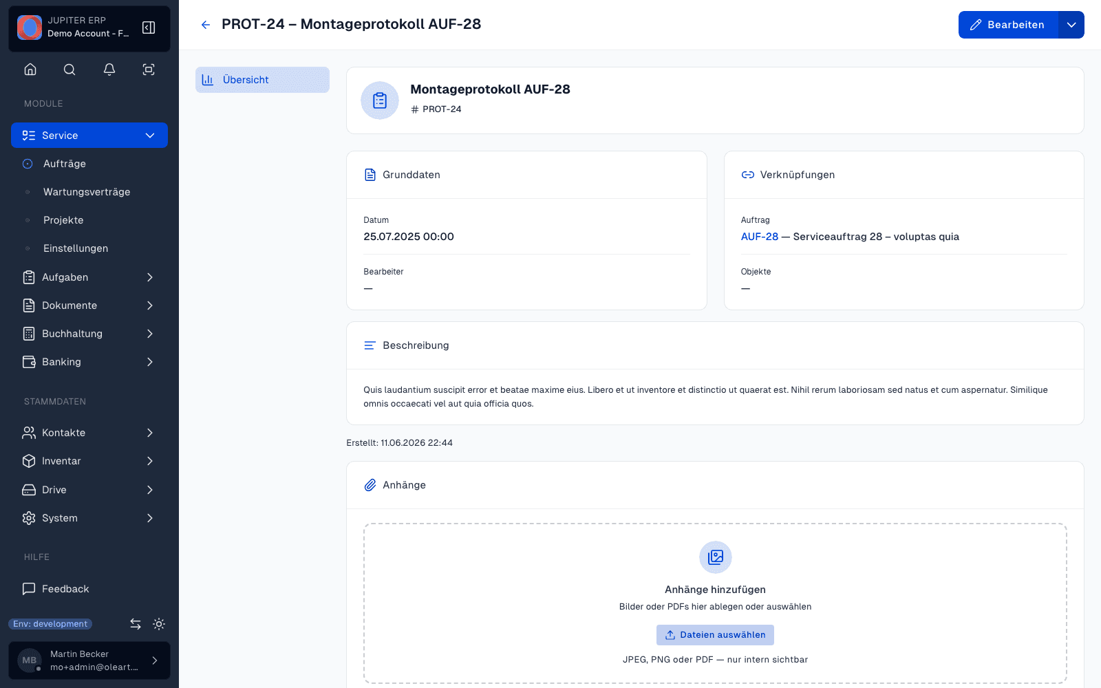 Serviceprotokoll-Detailansicht im Jupiter Panel