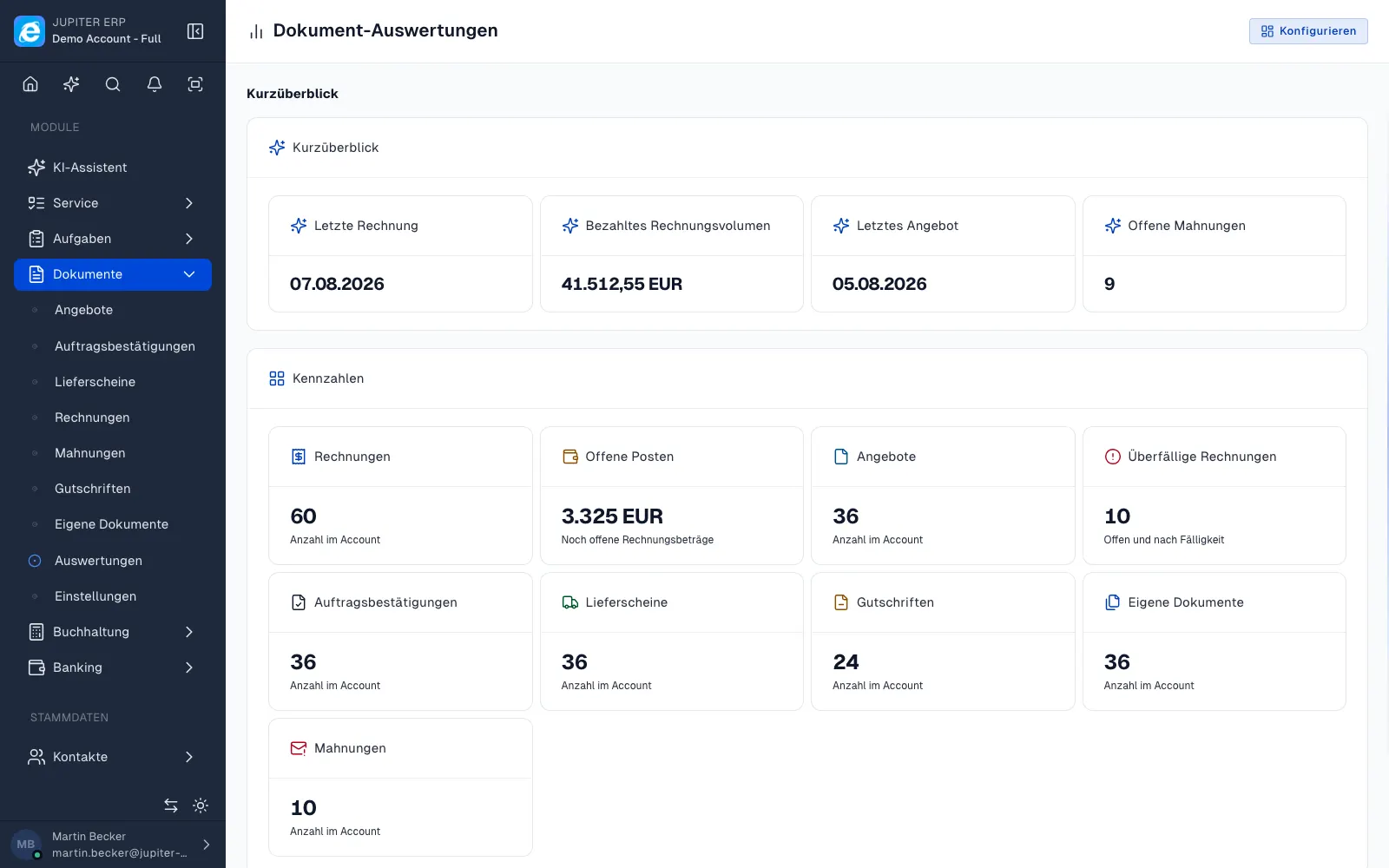 Auswertungen und Dashboards im Jupiter ERP Panel
