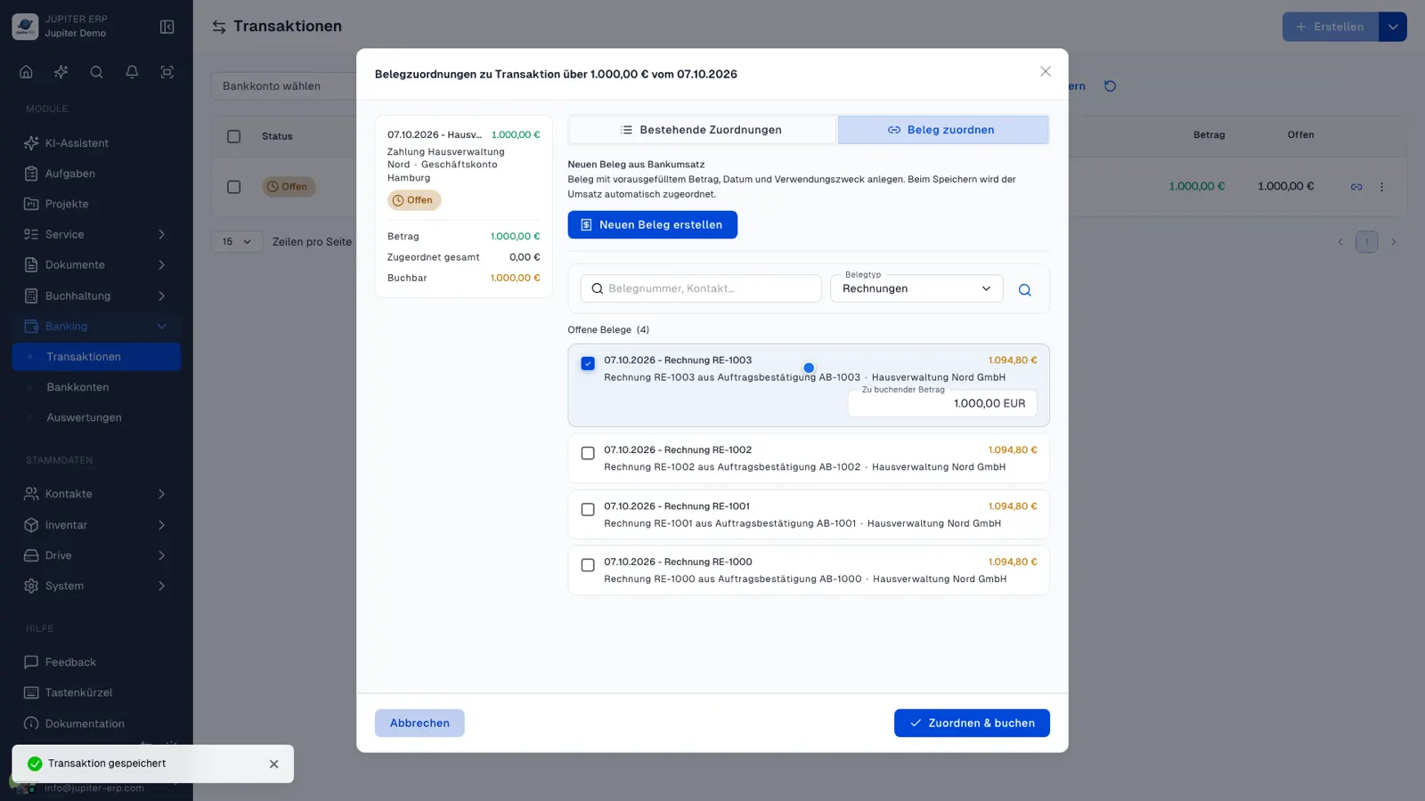 Bankumsätze und Zahlungsabgleich im Jupiter ERP Panel