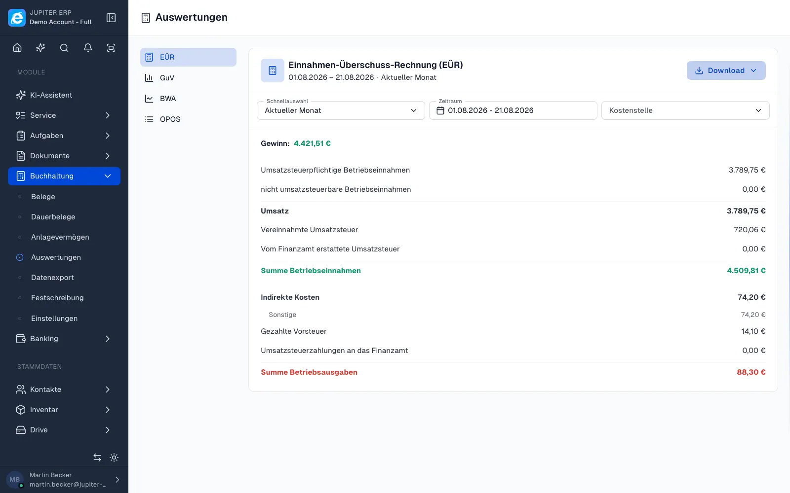 Buchhaltungsberichte (EÜR) im Jupiter ERP Panel
