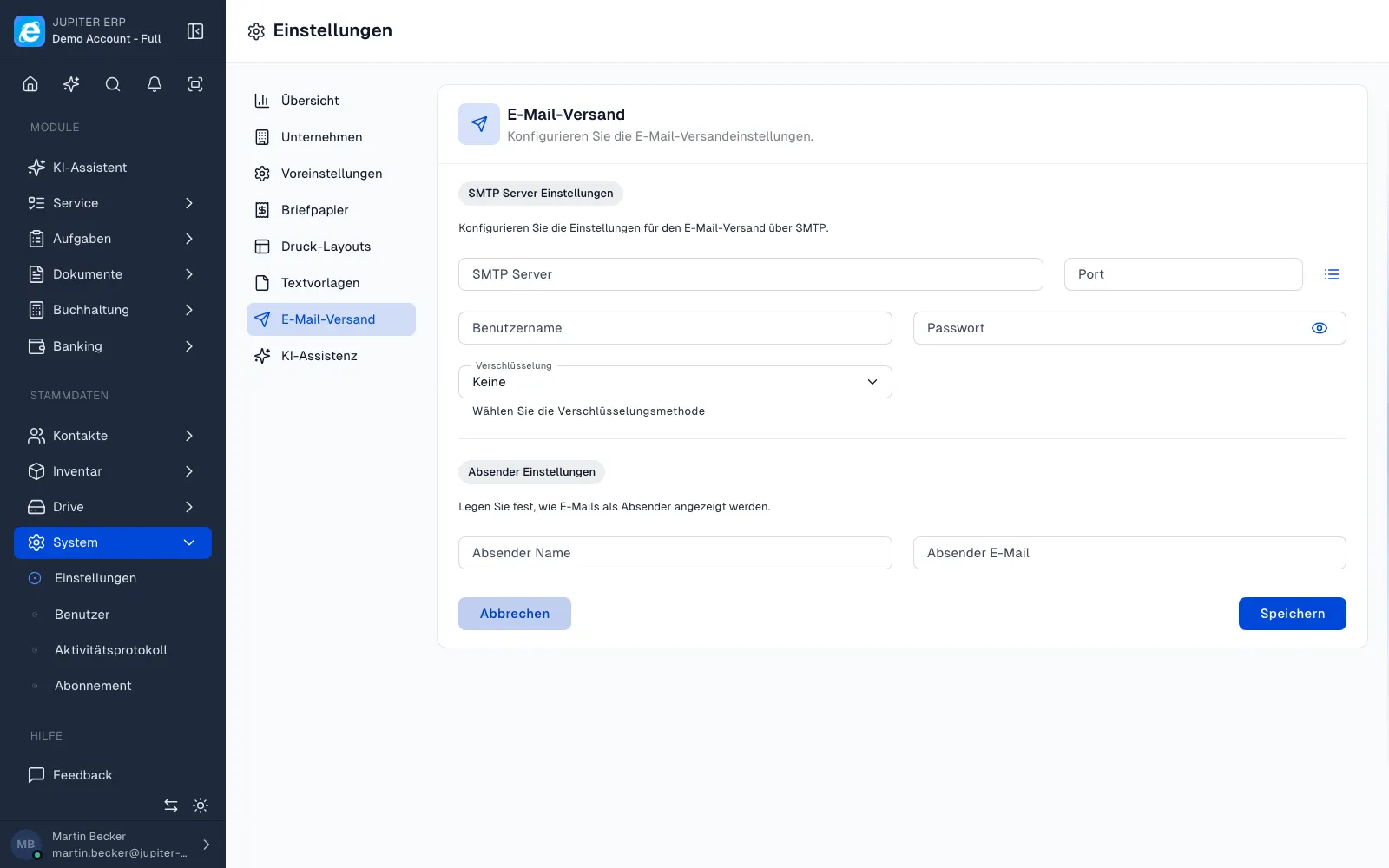 Dokumentversand per E-Mail im Jupiter ERP Panel