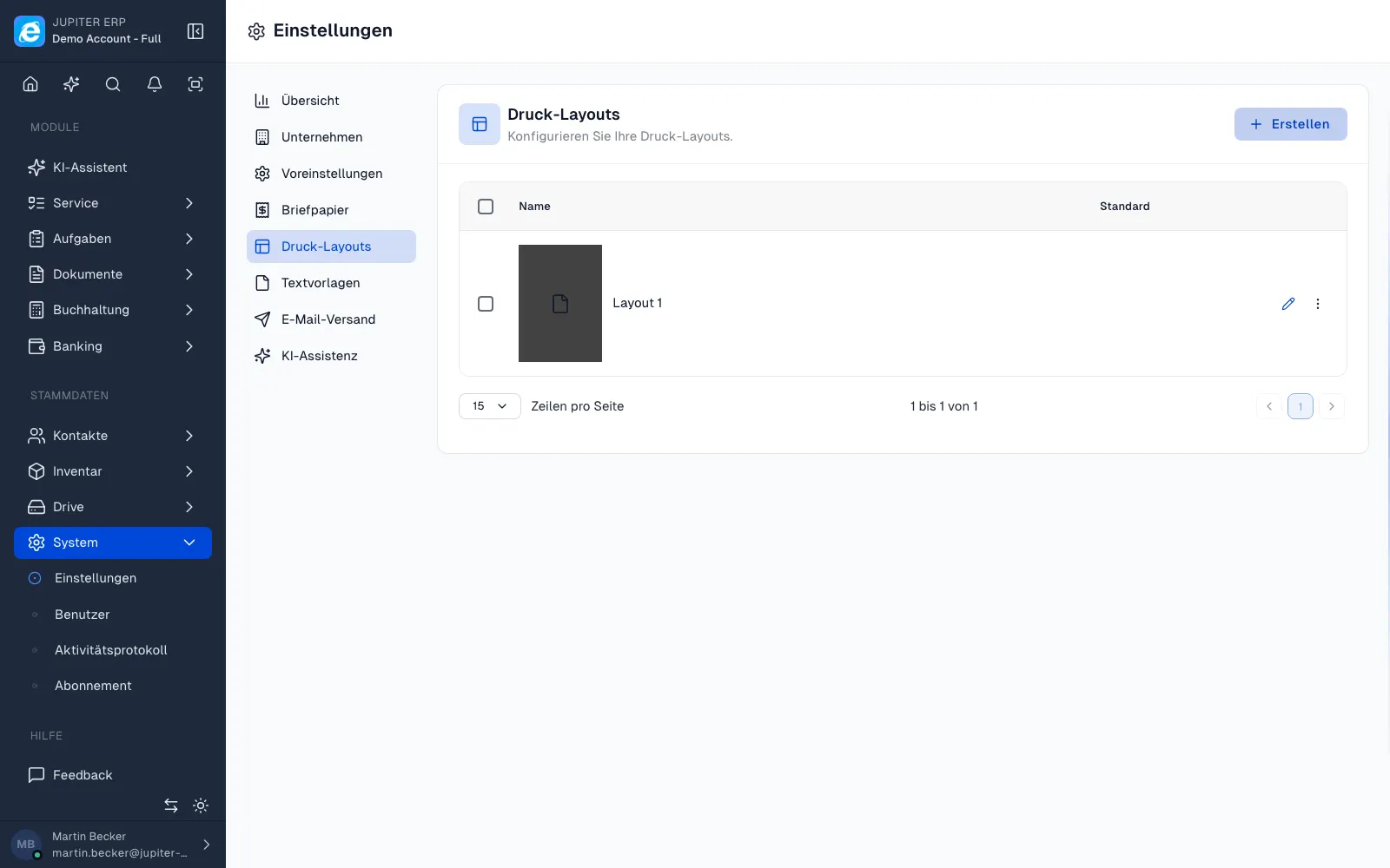 Drucklayouts und Briefpapier im Jupiter ERP Panel