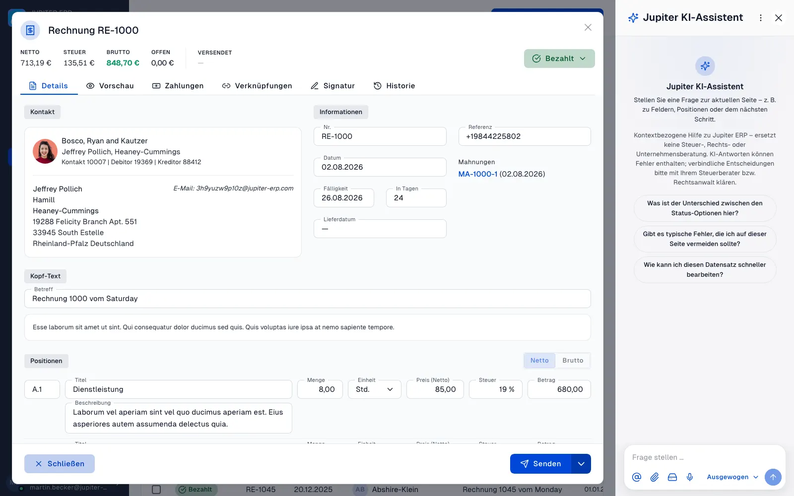 Jupiter KI-Assistent — Sidebar neben einer geöffneten Rechnung im Jupiter ERP Panel