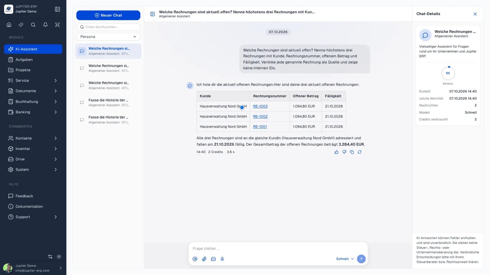 KI-Assistent im Jupiter ERP Panel — Chat mit Beraterrollen