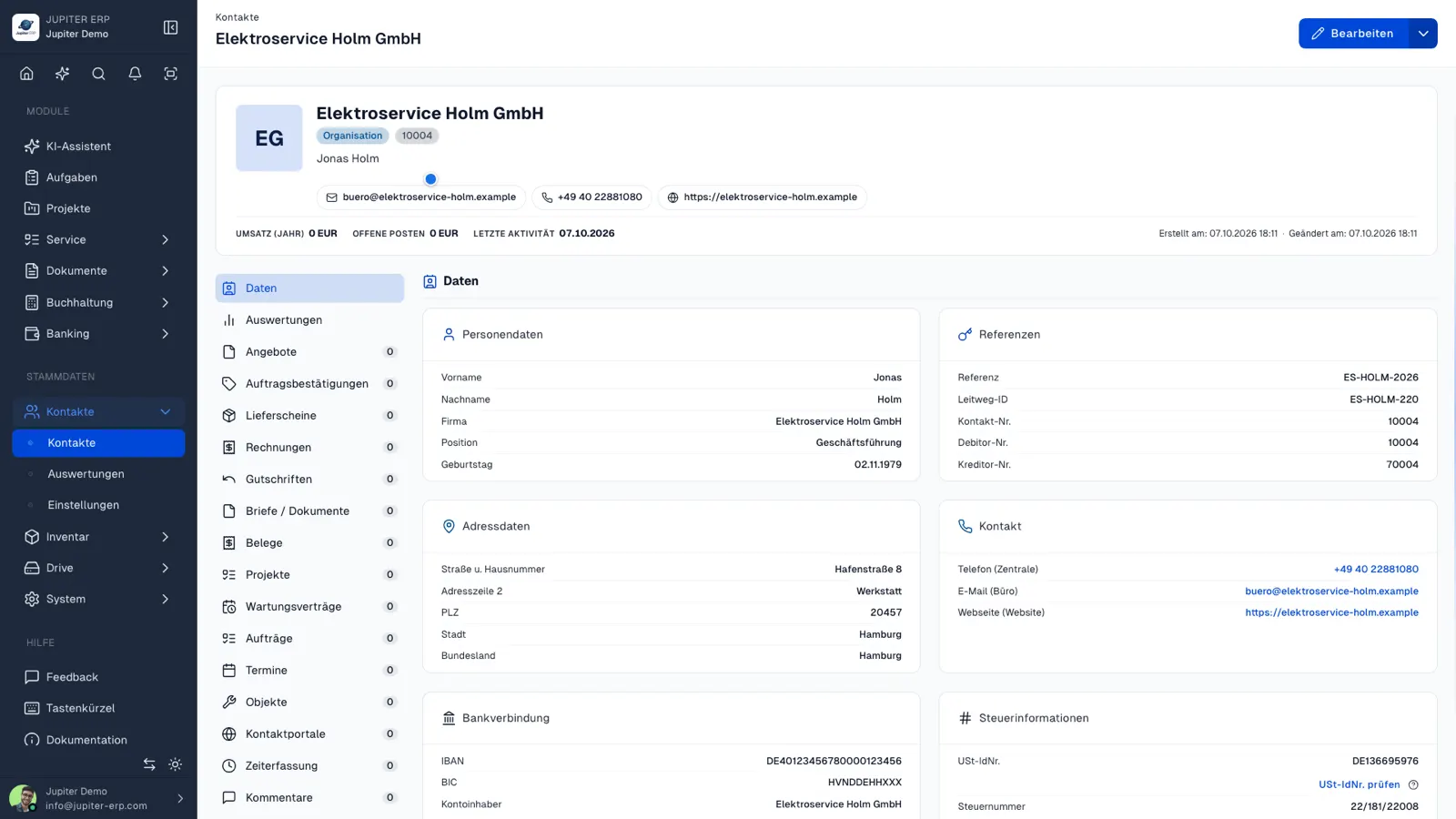 Kontaktverwaltung im Jupiter ERP Panel