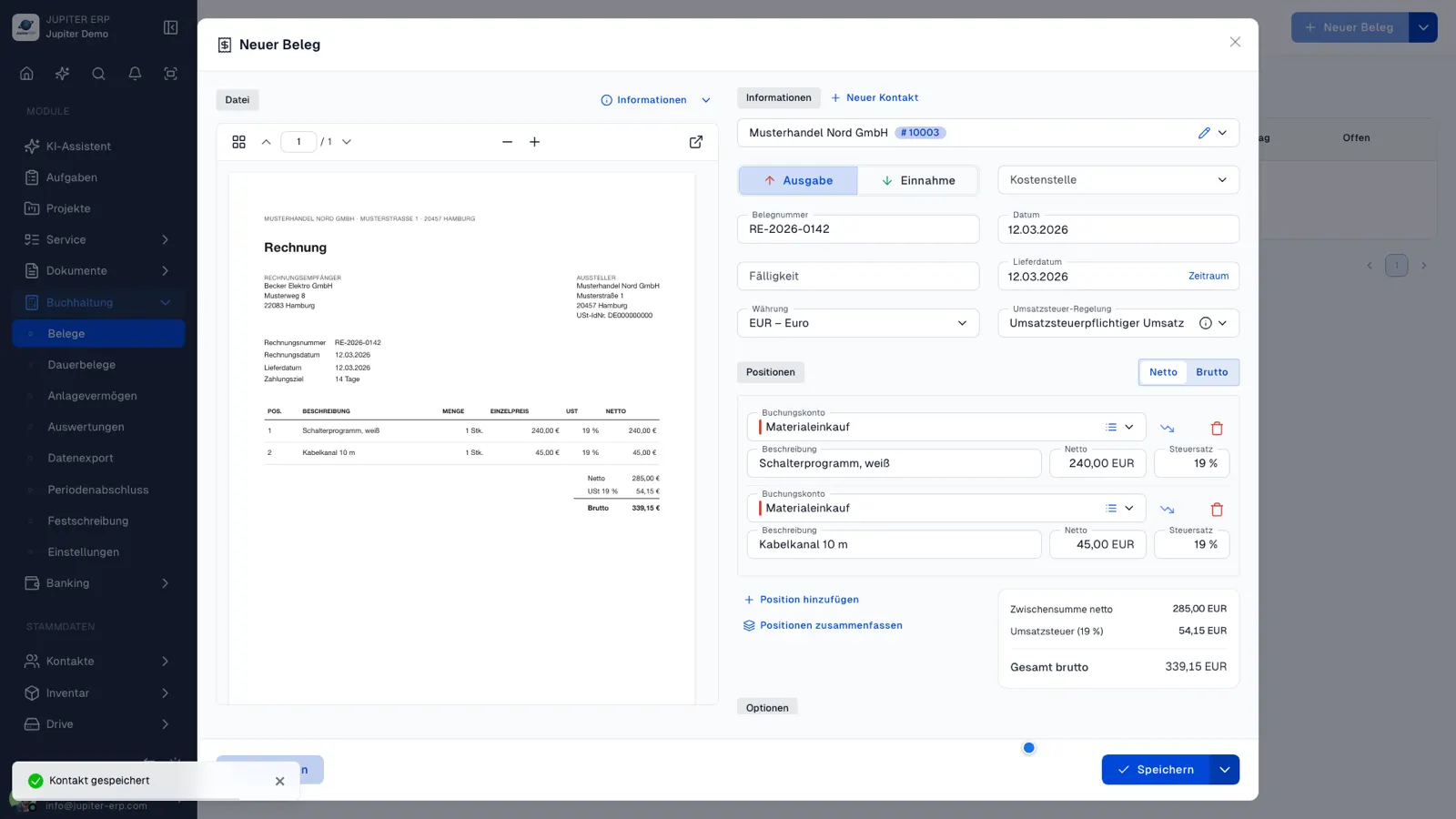 Kostenbeleg bearbeiten im Jupiter ERP Panel
