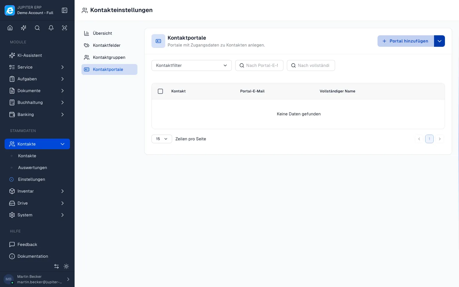 Kundenportale in den Kontakteinstellungen im Jupiter ERP Panel