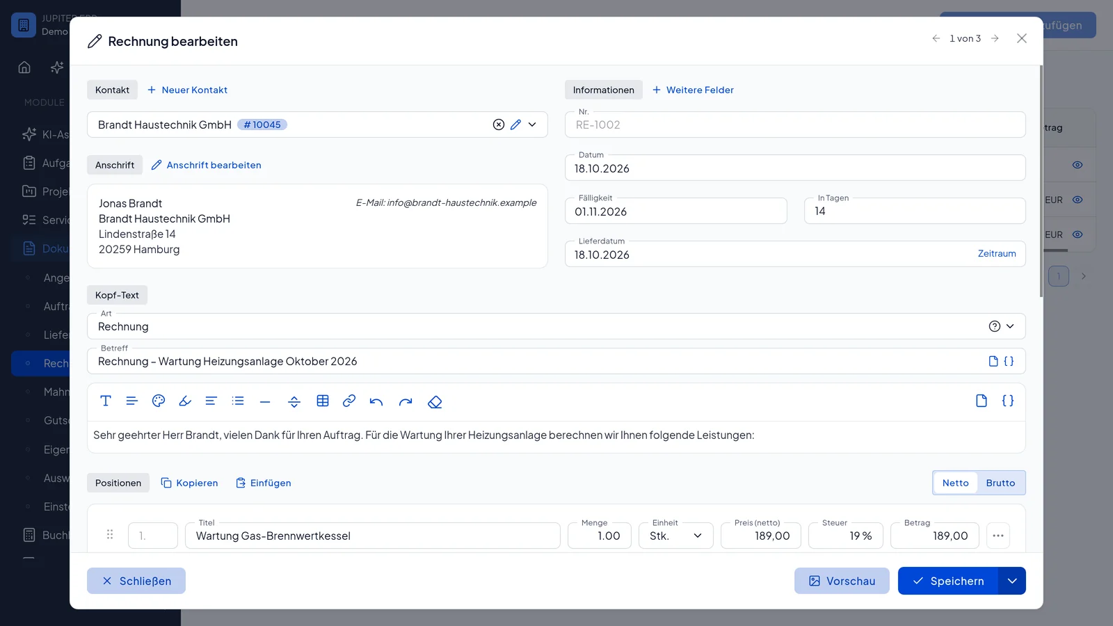 Rechnung bearbeiten im Jupiter ERP Panel — Positionen und Belegdetails