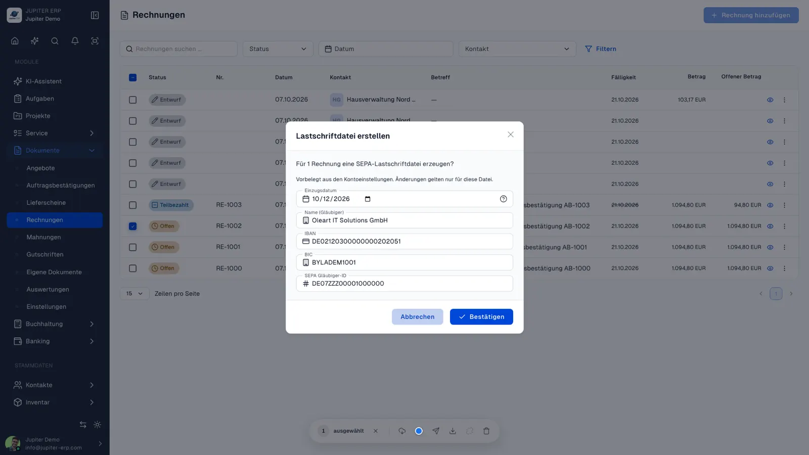 SEPA-Lastschrift-Export im Jupiter ERP Panel